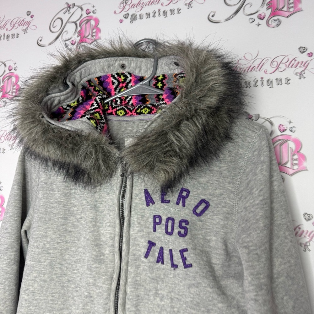 Aeropostale hoodie fur trim hood knit crochet neon inside hood zip up sweater - Picture 4 of 14